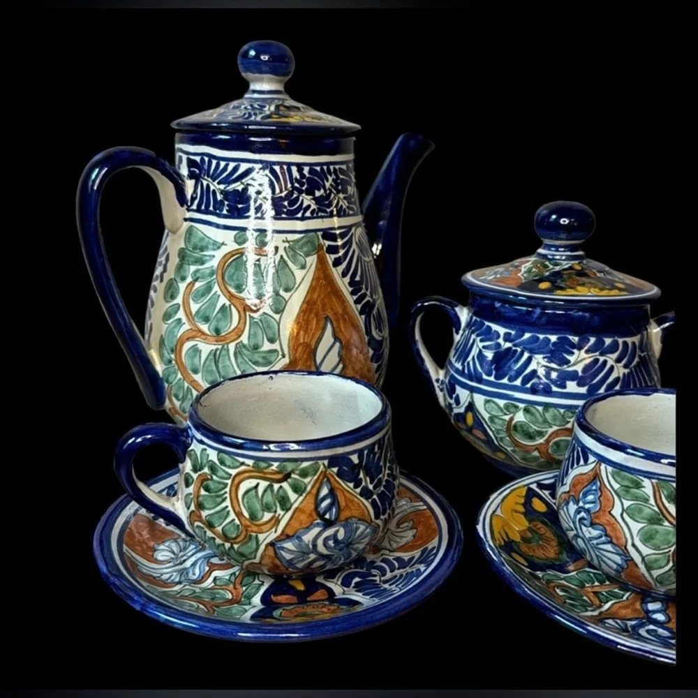 Vintage 70s Mexican Talavera by Vazquez Teapot Teacup and Saucer and Sugar Set